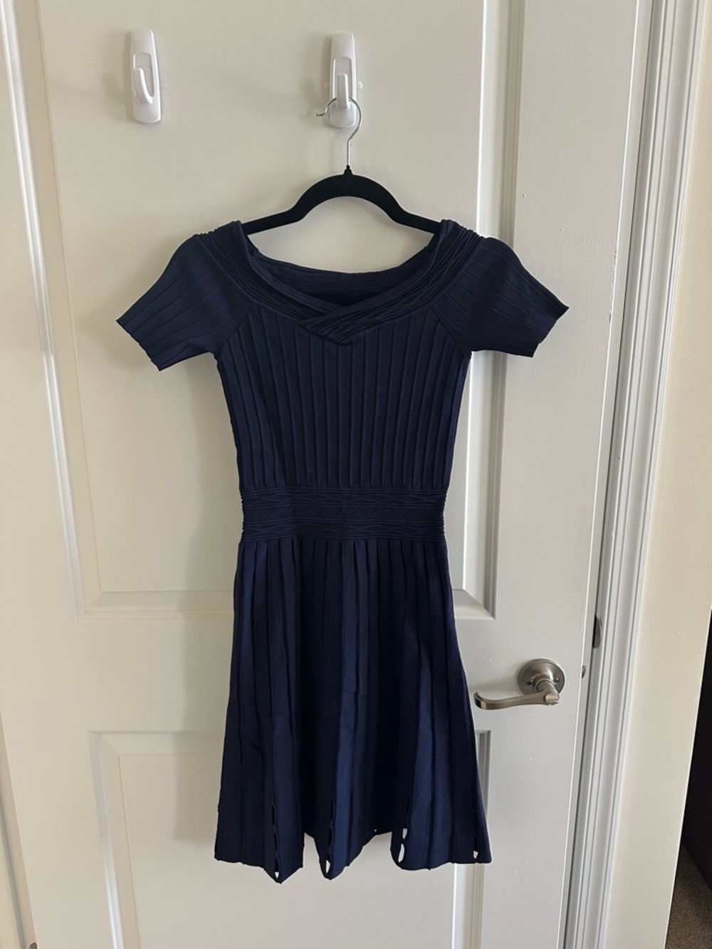 Sandro Navy Ribbed Fit-and-Flare Dress